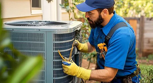 An HVAC technicia servicing an outdoor air conditioning unit